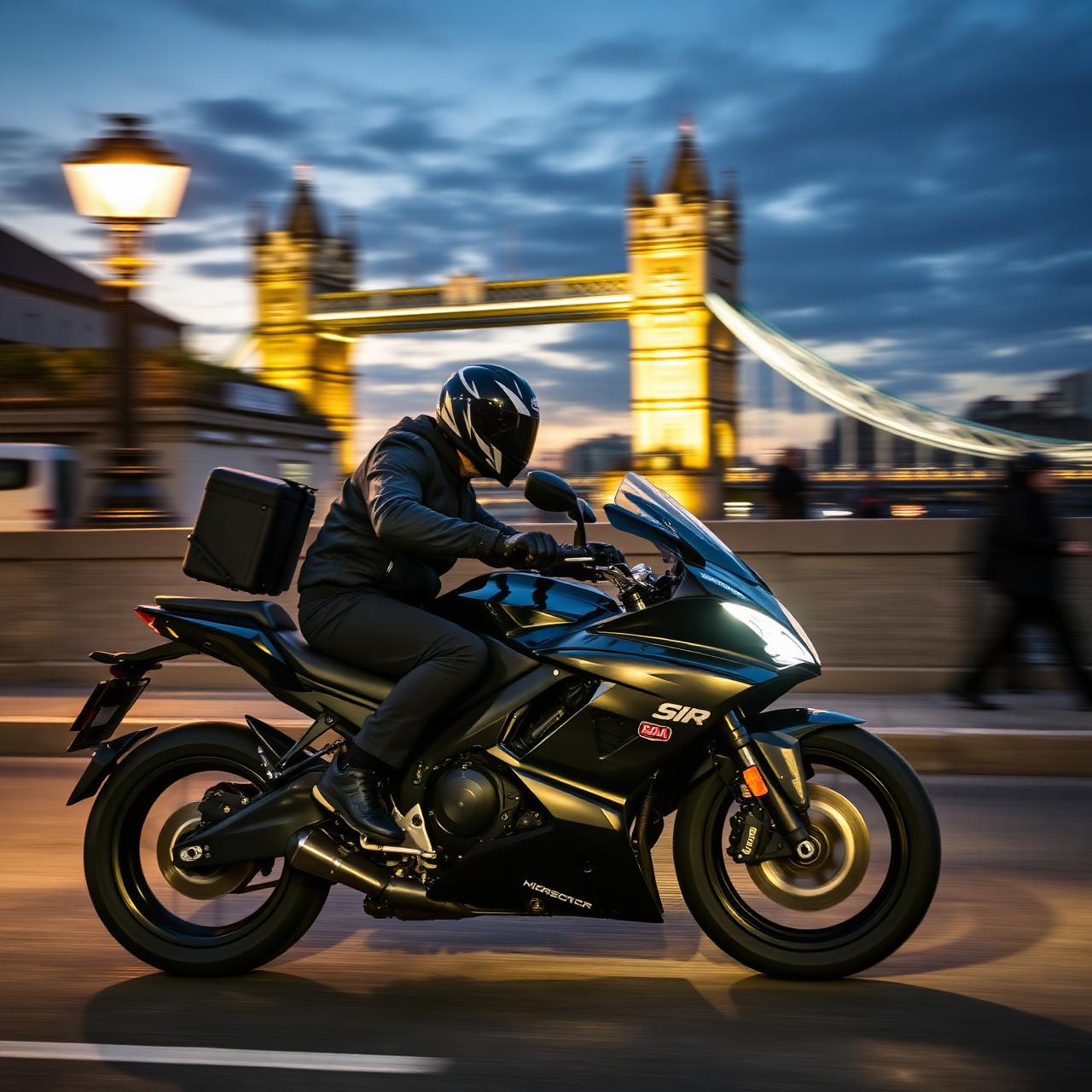 Motorbike courier riding through London at dusk